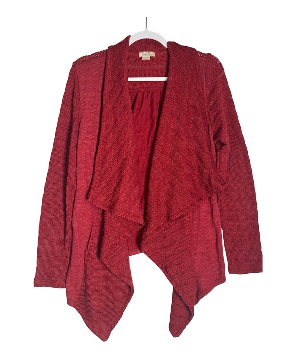Lucky Brand Womens Red Waterfall Mixed Media Cardigan Boho Layering Sweater Sz L